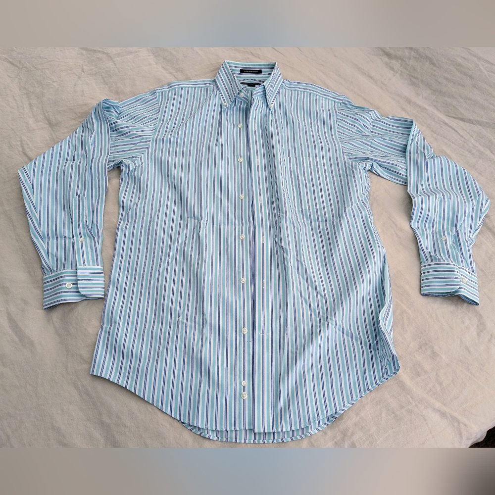 Lands End Non-Iron Cotton White/Green  Pinpoint Oxford Dress Shirt Size 15x34